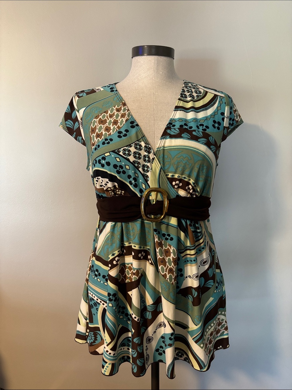 Bwear Teal Brown Cream Patterned V-Neck Belted Blouse